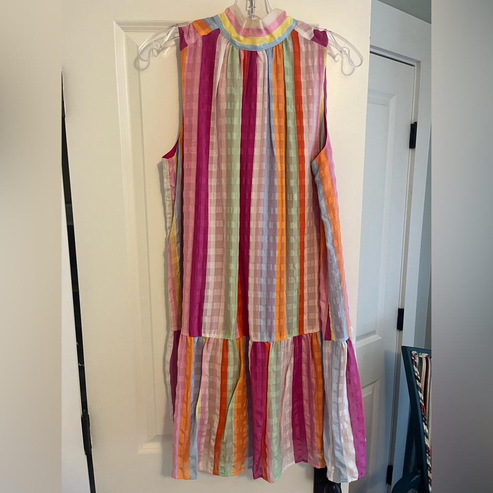 Marie Oliver sleeveless high neck bow multicolor rainbow stripe 100% silk dress